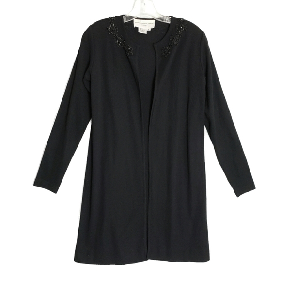 Adrienne Vittadini Long Cardigan Black W/ Hand Beaded Neckline Wool Blend Size S - Picture 1 of 8